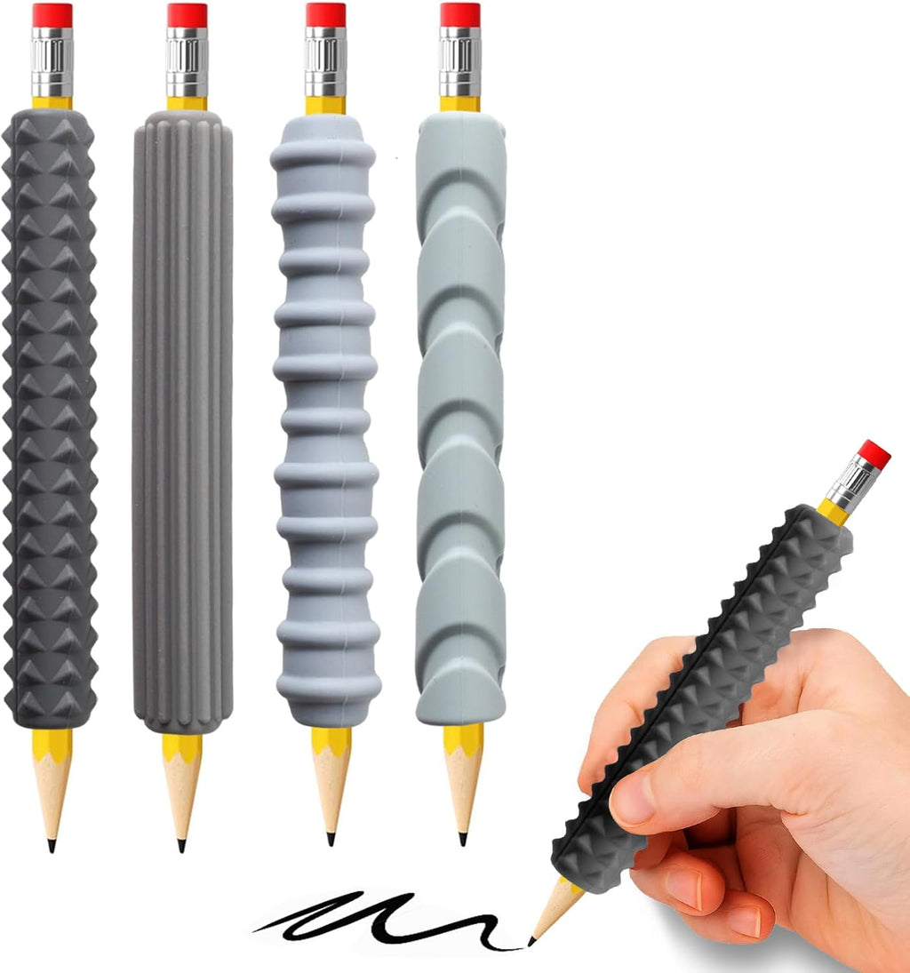 Pencil Grips, 4-Pack Textured Silicone Sleeves for Mechanical Pencils, Sensory Fidget ADHD Tool for Kids and Adults, Quiet Fidget Tools for Classroom Focus, Anxiety Relief（Black&Grey Set）