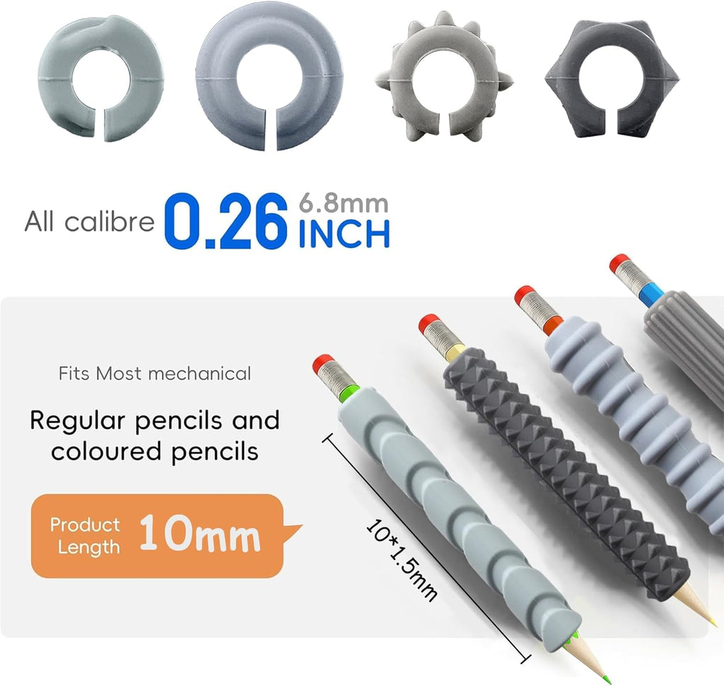 Pencil Grips, 4-Pack Textured Silicone Sleeves for Mechanical Pencils, Sensory Fidget ADHD Tool for Kids and Adults, Quiet Fidget Tools for Classroom Focus, Anxiety Relief（Black&Grey Set）