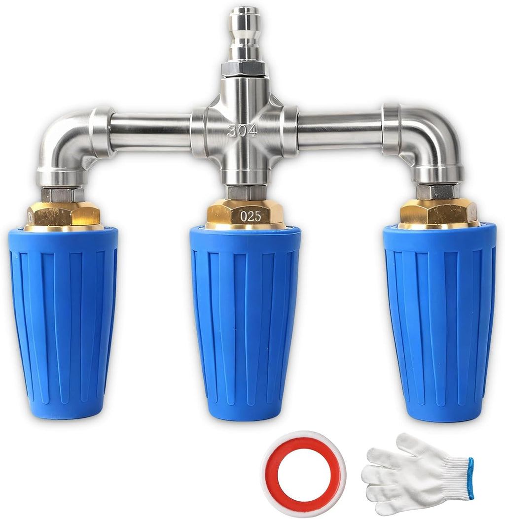 Triple Turbo Nozzle Pressure Washer, 3-in-1 Pressure Washer Nozzle, 360° Rotating 4000 PSI Turbo Nozzle with 1/4" Quick Connector 2.5 Orifice, 304 Stainless Steel for Driveway/Deck Clean(Blue)