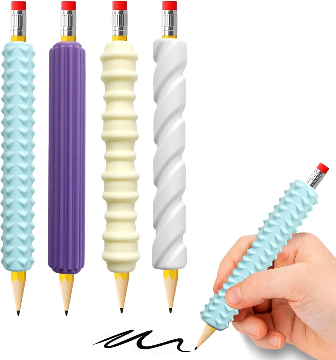 Pencil Grips, 4-Pack Textured Silicone Sleeves for Mechanical Pencils, Sensory Fidget ADHD Tool for Kids and Adults, Quiet Fidget Tools for Classroom Focus, Anxiety Relief (Pastel Mist Set)