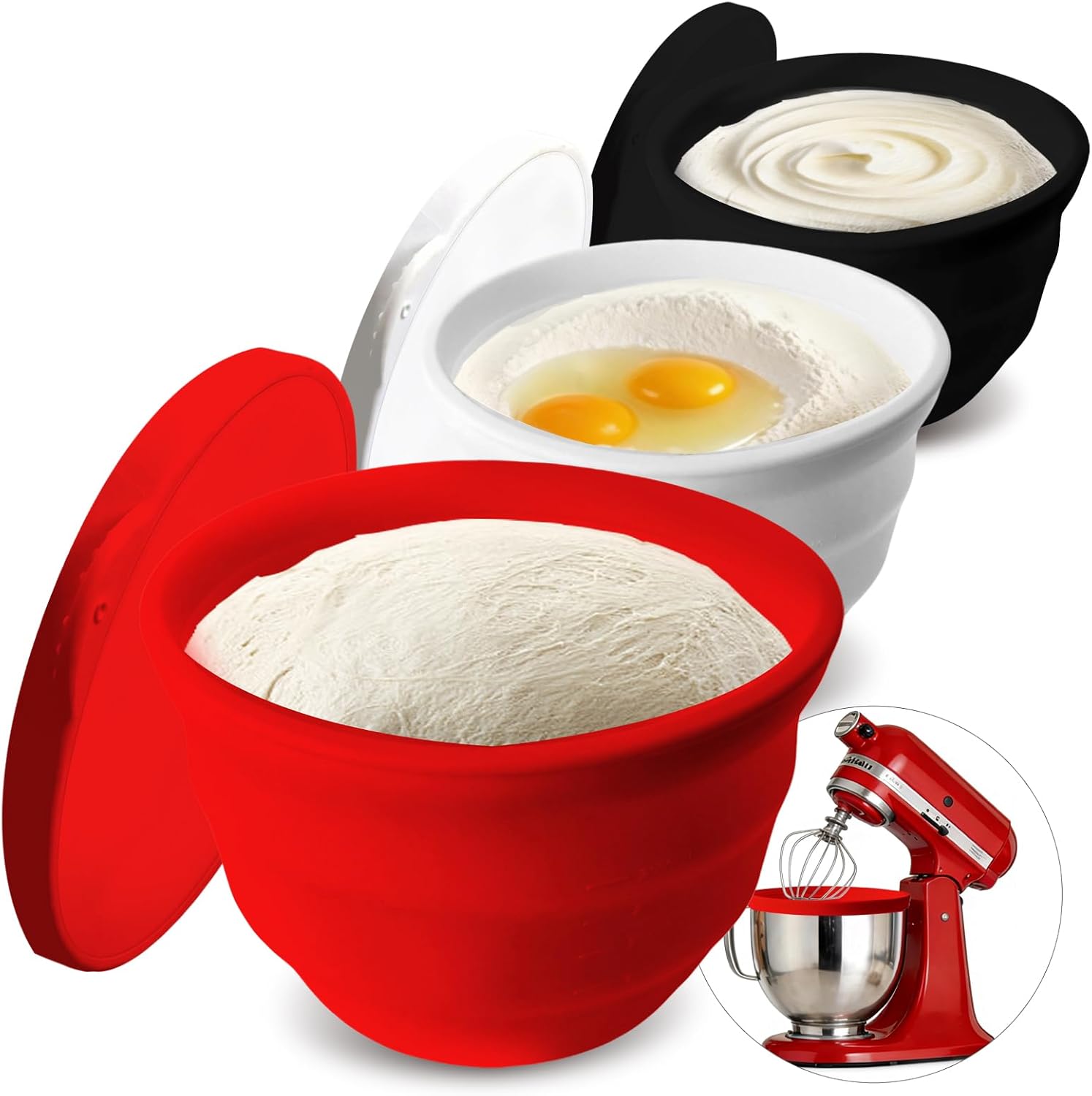 Silicone Bowl Liners for KitchenAid 5 Qt Stand Mixer, Foldable, Thick, Suitable for Both Hot and Cold Use, Easy to Clean for Cooking, 3 Silicone Mixing Bowl Insert with 3 Lids(Black White Red)