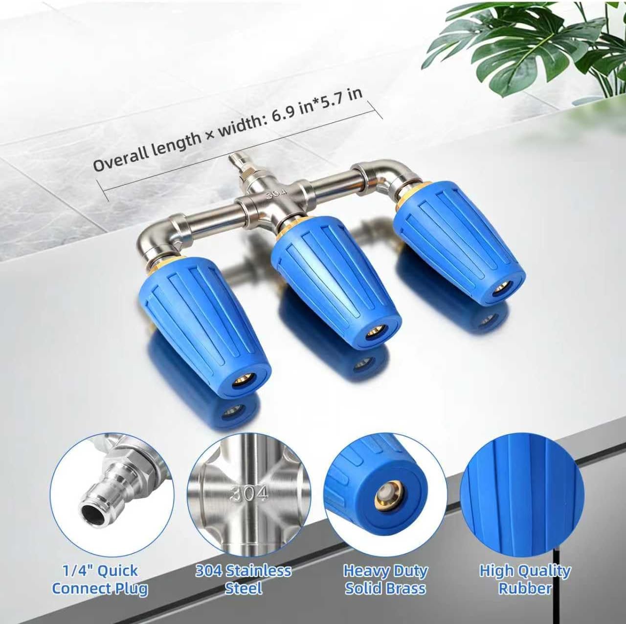 Triple Turbo Nozzle Pressure Washer, 3-in-1 Pressure Washer Nozzle, 360° Rotating 4000 PSI Turbo Nozzle with 1/4" Quick Connector 2.5 Orifice, 304 Stainless Steel for Driveway/Deck Clean(Blue)