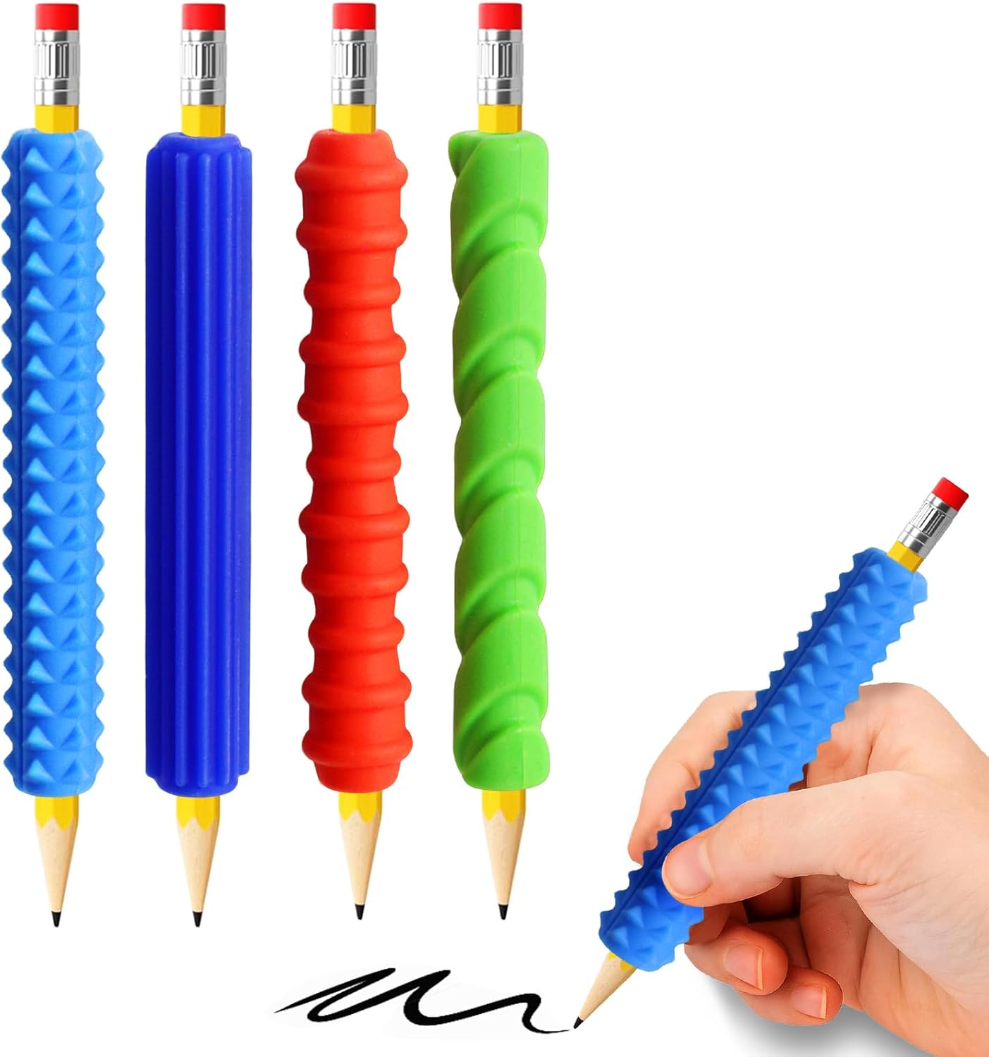 Pencil Grips, 4-Pack Textured Silicone Sleeves for Mechanical Pencils, Sensory Fidget ADHD Tool for Kids and Adults, Quiet Fidget Tools for Classroom Focus, Anxiety Relief (Colorful)