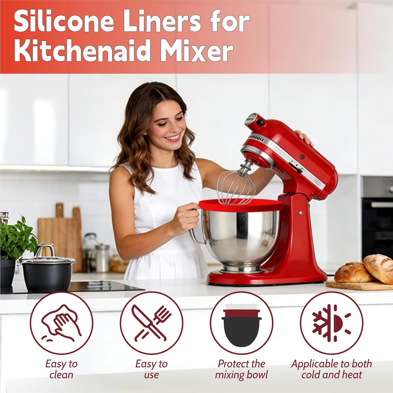 Silicone Bowl Liners for KitchenAid 5 Qt Stand Mixer, Foldable, Thick, Suitable for Both Hot and Cold Use, Easy to Clean for Cooking, 3 Silicone Mixing Bowl Insert with 3 Lids(Black White Red)