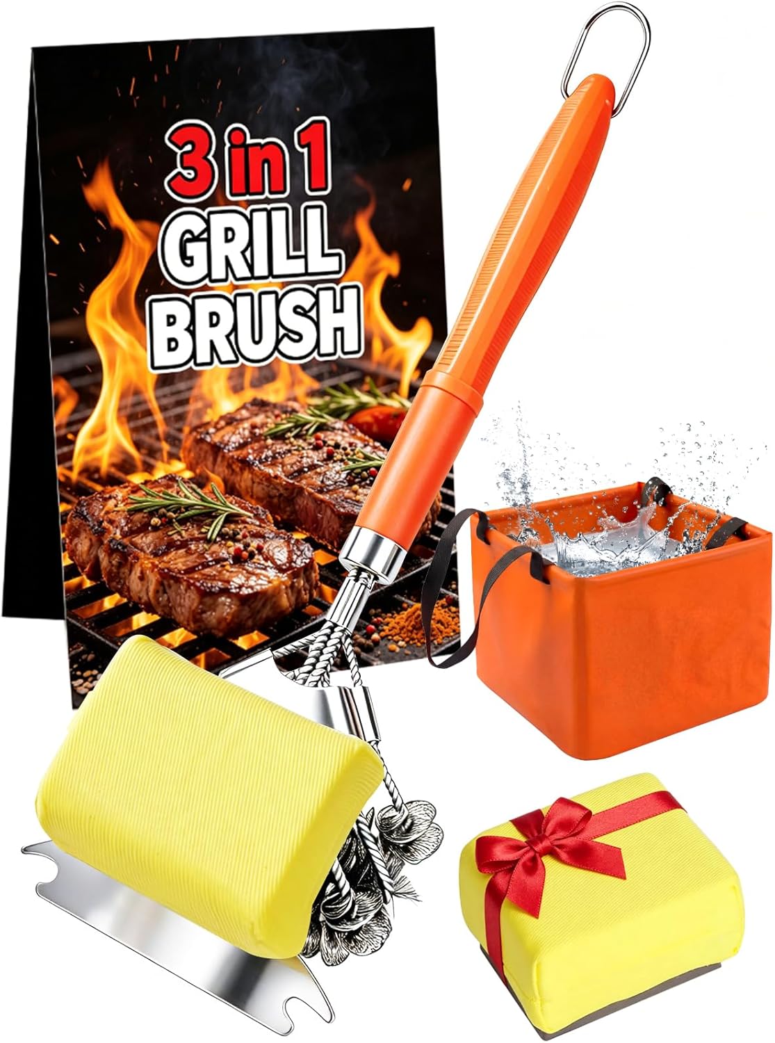 Professional 3-in-1 Grill Brush and Scraper with Collapsible Waterproof Bucket - 18" Detachable Long Handle BBQ Cleaner - Includes Safety Second Sweep Sponges - Complete Grilling Tool Set Gift for Men