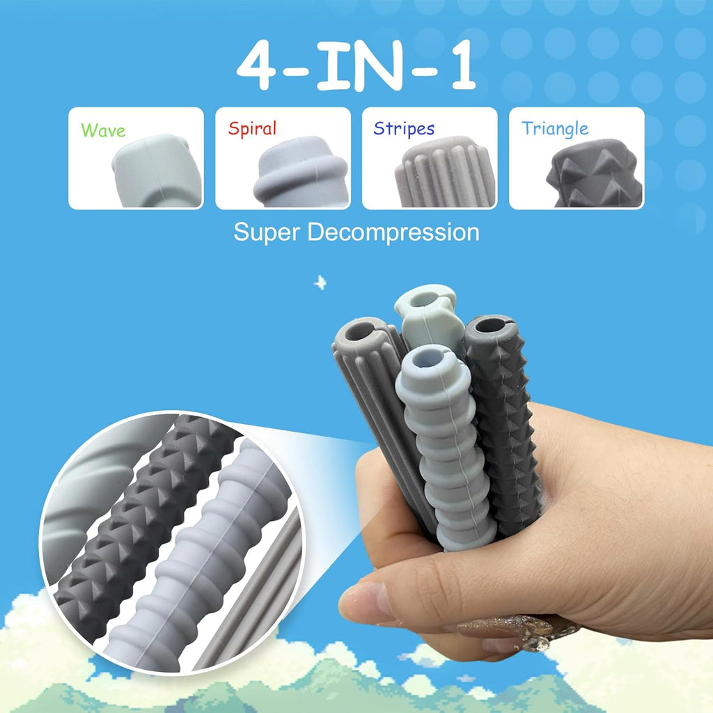 Pencil Grips, 4-Pack Textured Silicone Sleeves for Mechanical Pencils, Sensory Fidget ADHD Tool for Kids and Adults, Quiet Fidget Tools for Classroom Focus, Anxiety Relief（Black&Grey Set）
