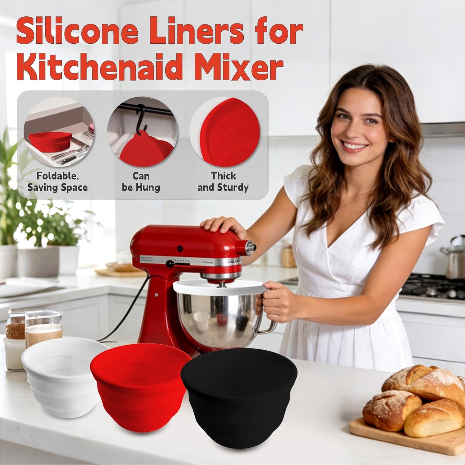 Silicone Bowl Liners for KitchenAid 5 Qt Stand Mixer, Foldable, Thick, Suitable for Both Hot and Cold Use, Easy to Clean for Cooking, 3 Silicone Mixing Bowl Insert with 3 Lids(Black White Red)