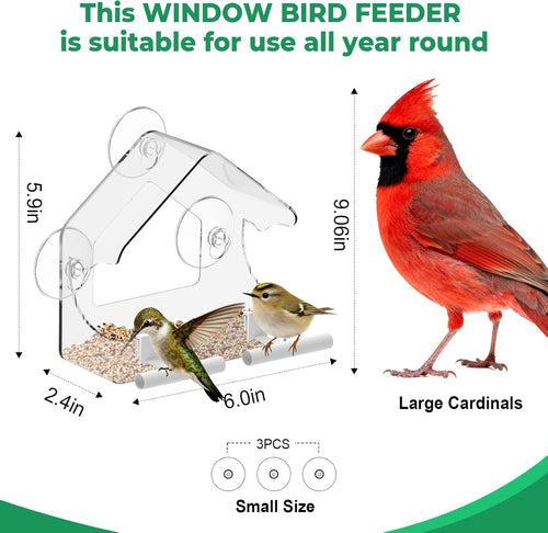 Clear Window Bird Feeder for Outside - Strongest Suction Cups 360° View Acrylic Design, Easy Fill & Clean Removable Tray-Perfect Christmasfor Gifts Bird Lovers, Kids, Grandparents,Cat Owners