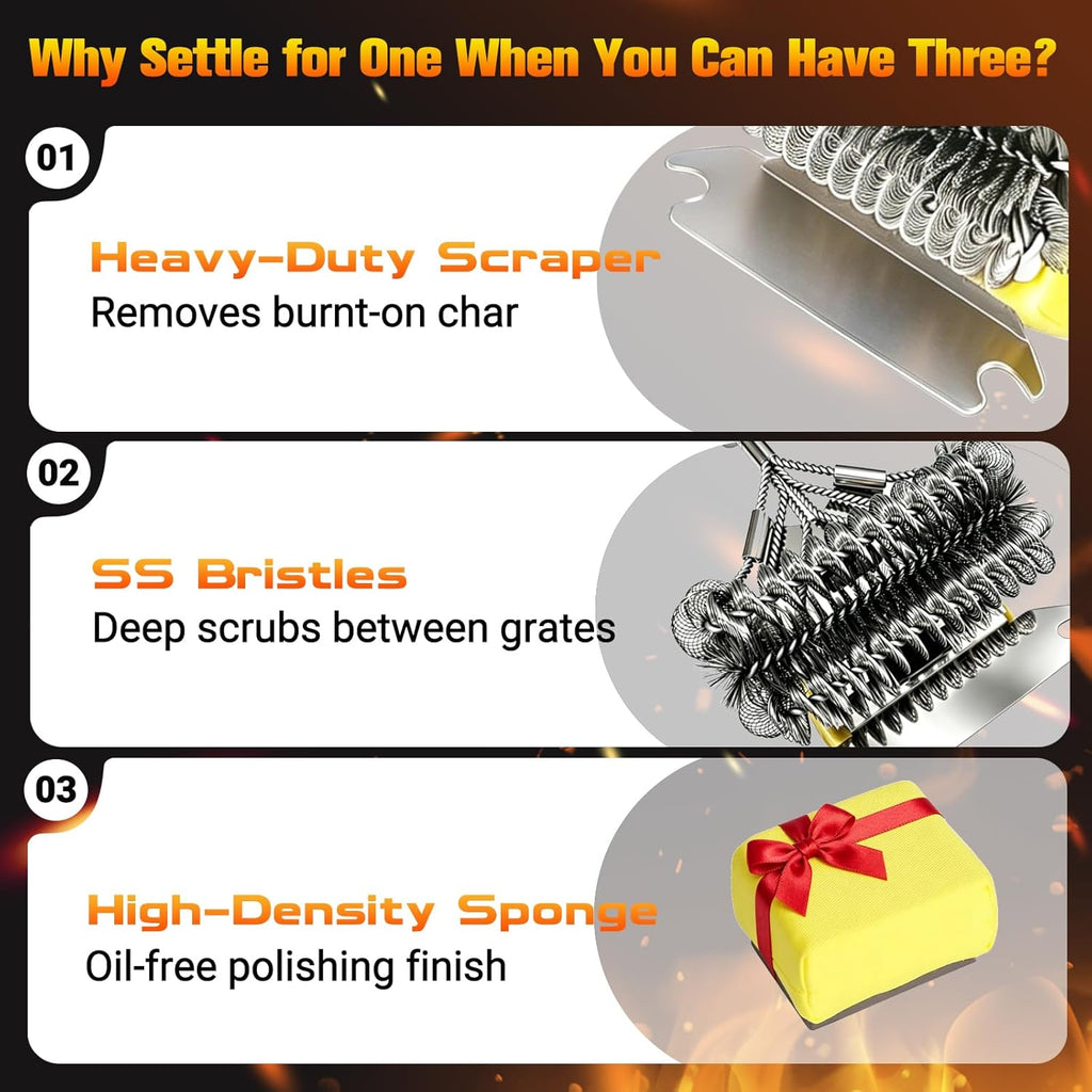 Professional 3-in-1 Grill Brush and Scraper with Collapsible Waterproof Bucket - 18" Detachable Long Handle BBQ Cleaner - Includes Safety Second Sweep Sponges - Complete Grilling Tool Set Gift for Men
