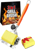Magnetic 3-in-1 Grill Brush with Power Press Handle & Lock - 18" Detachable BBQ Cleaner for Heavy Duty Grime, Bristle-Safe Sponges, Ideal BBQ Gift for Men/Dad - Orange