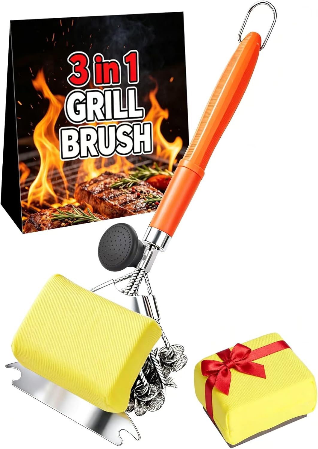 Magnetic 3-in-1 Grill Brush with Power Press Handle & Lock - 18" Detachable BBQ Cleaner for Heavy Duty Grime, Bristle-Safe Sponges, Ideal BBQ Gift for Men/Dad - Orange