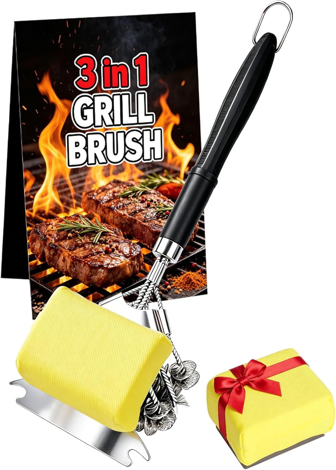 Professional 3-in-1 Grill Brush and Scraper with Safety Second Sweep Sponges - 18" Detachable Long Handle BBQ Cleaner for Heavy Duty Grime - Ideal Father's Day Grilling Gift for Men (Black)
