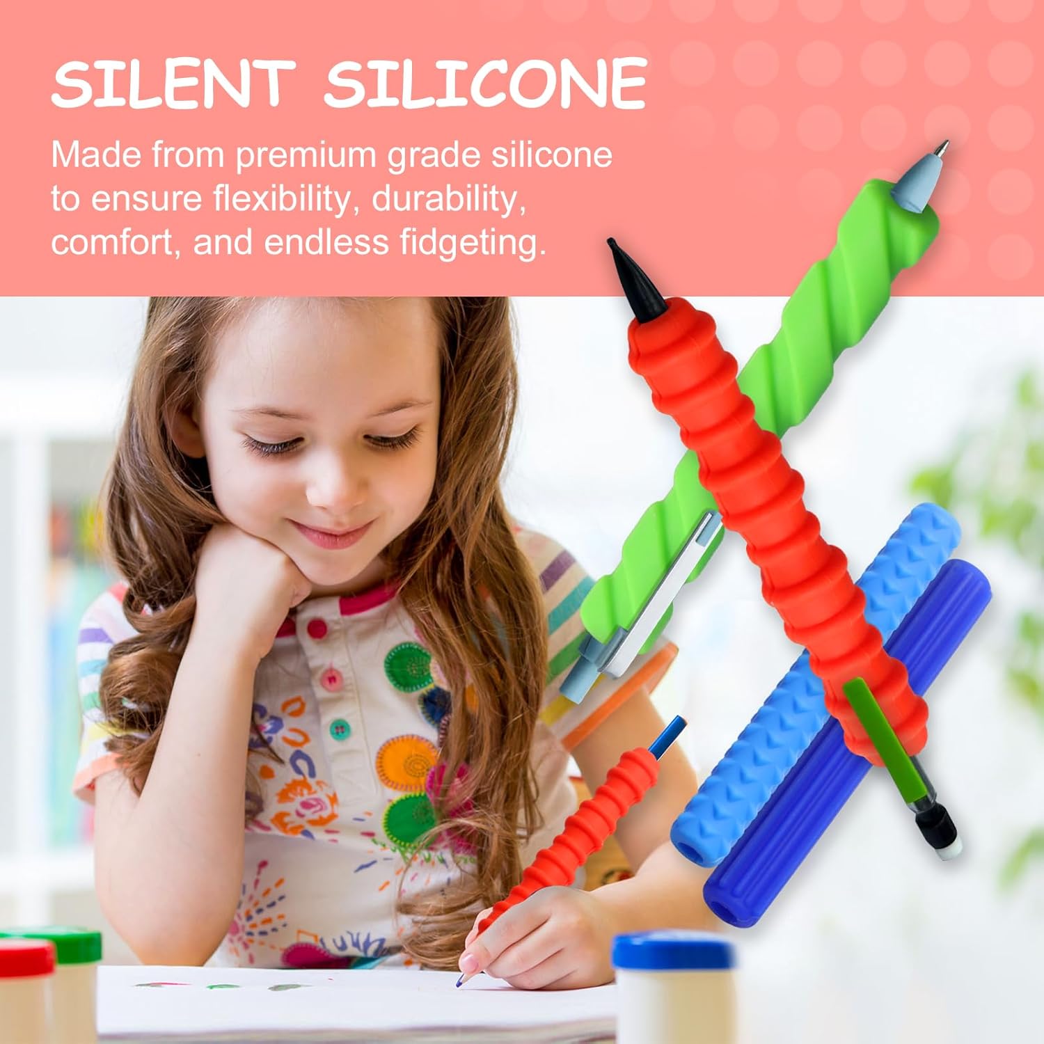 Pencil Grips, 4-Pack Textured Silicone Sleeves for Mechanical Pencils, Sensory Fidget ADHD Tool for Kids and Adults, Quiet Fidget Tools for Classroom Focus, Anxiety Relief (Colorful)