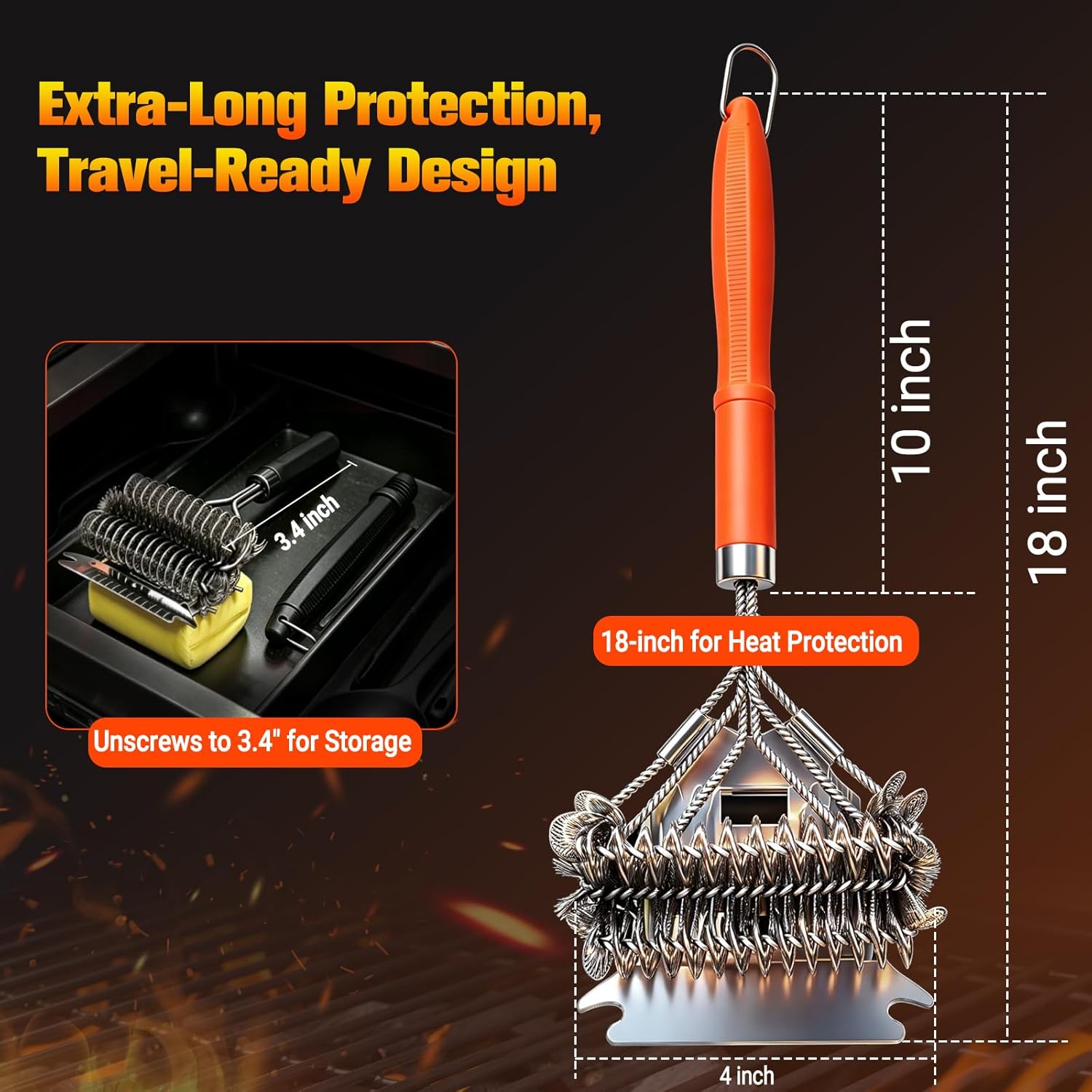 Professional 3-in-1 Grill Brush and Scraper with Safety Second Sweep Sponges - 18" Detachable Long Handle BBQ Cleaner for Heavy Duty Grime - Ideal Father's Day Grilling Gift for Men (Orange)