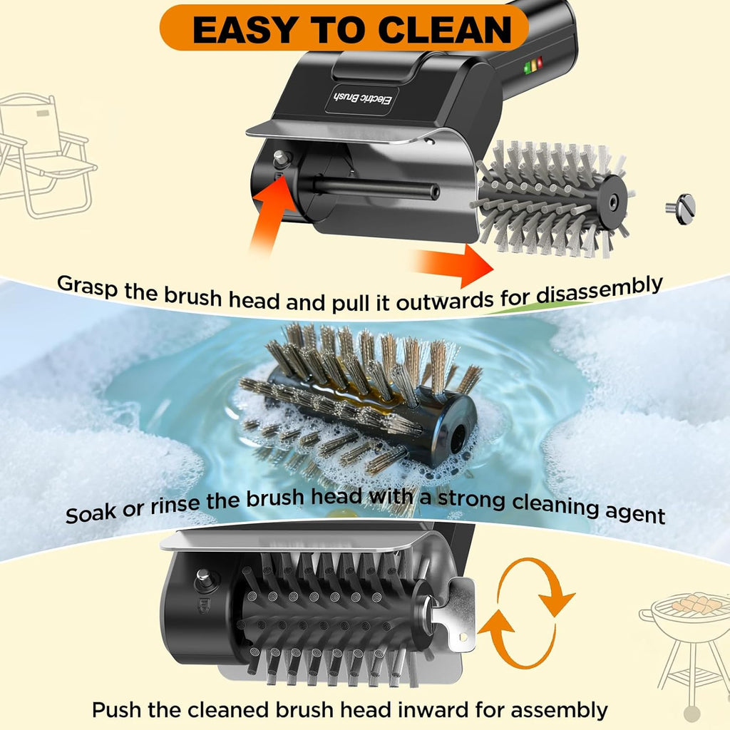 Electric Grill Brush with Dual Safety Lock - 2026 TikTok Ideal Gift for Men Dad Husband, Professional BBQ Cleaner with Submersible 304 SS Head, Splash-Proof Scrubber for Grill (Orange Button)