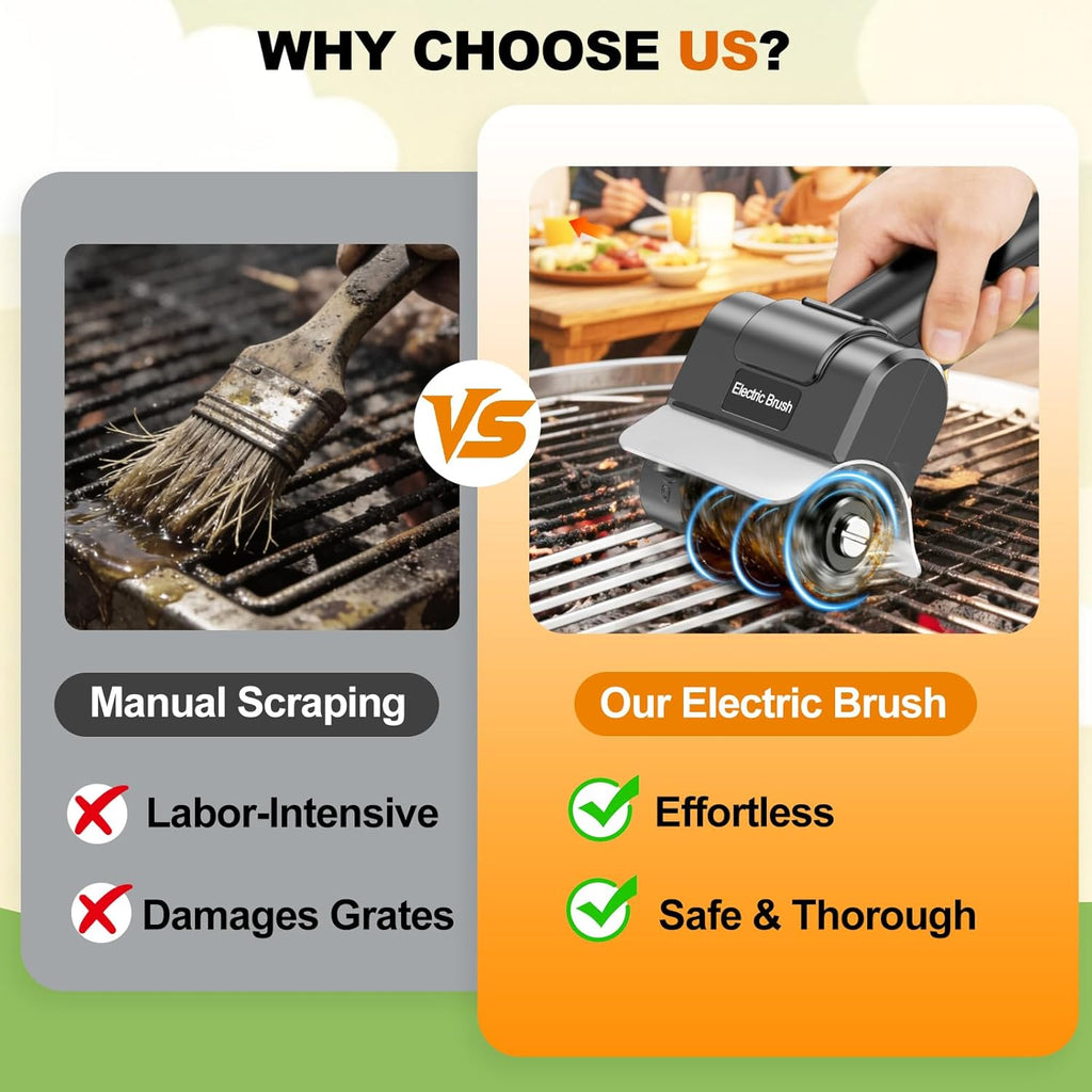 Electric Grill Brush with Dual Safety Lock - 2026 TikTok Ideal Gift for Men Dad Husband, Professional BBQ Cleaner with Submersible 304 SS Head, Splash-Proof Scrubber for Grill (Orange Button)
