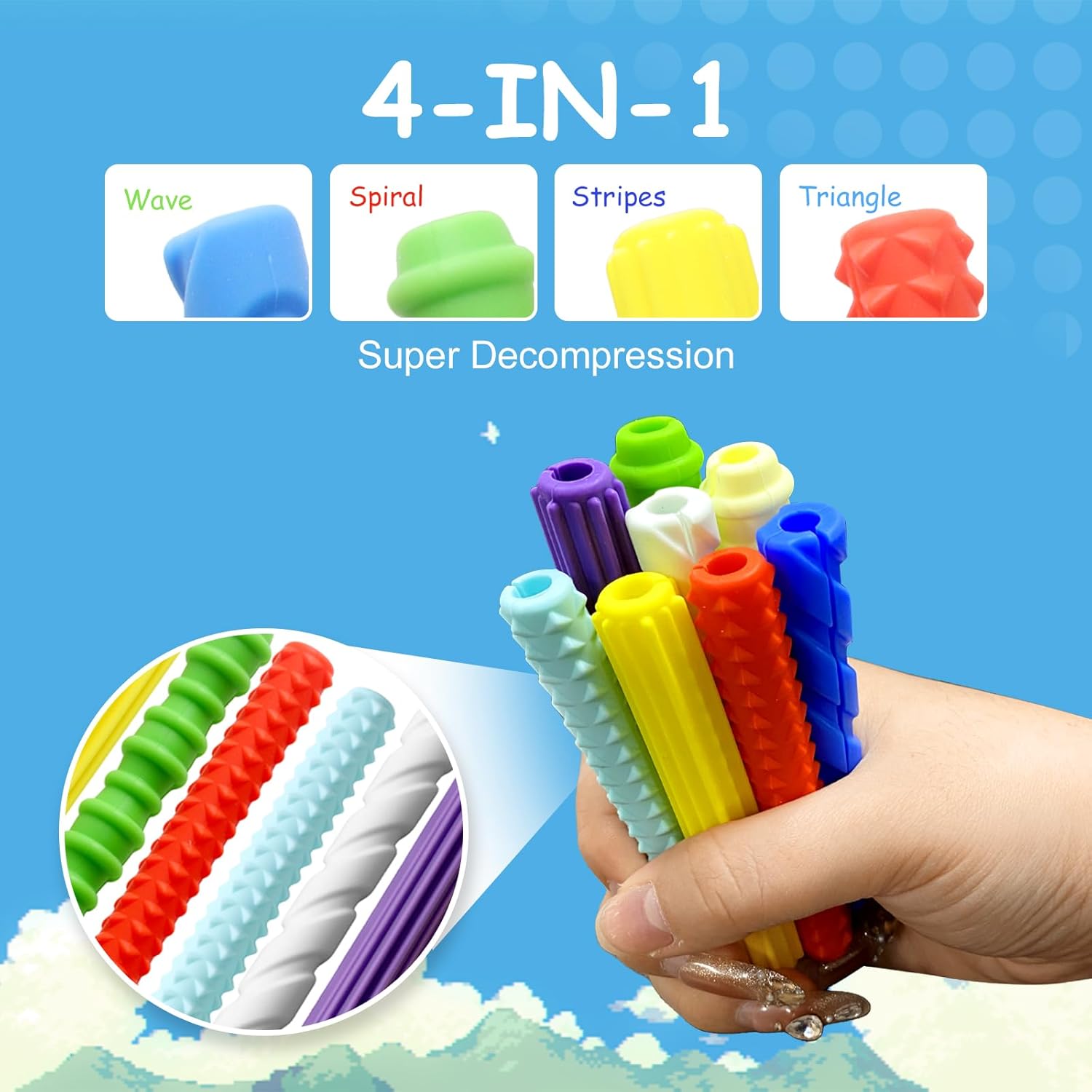 Pencil Grips, 4-Pack Textured Silicone Sleeves for Mechanical Pencils, Sensory Fidget ADHD Tool for Kids and Adults, Quiet Fidget Tools for Classroom Focus, Anxiety Relief (8 Set)