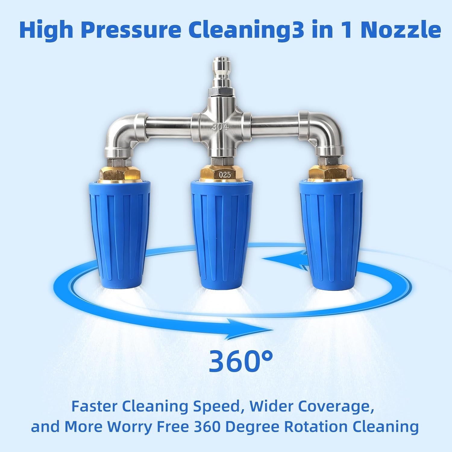 Triple Turbo Nozzle Pressure Washer, 3-in-1 Pressure Washer Nozzle, 360° Rotating 4000 PSI Turbo Nozzle with 1/4" Quick Connector 2.5 Orifice, 304 Stainless Steel for Driveway/Deck Clean(Blue)