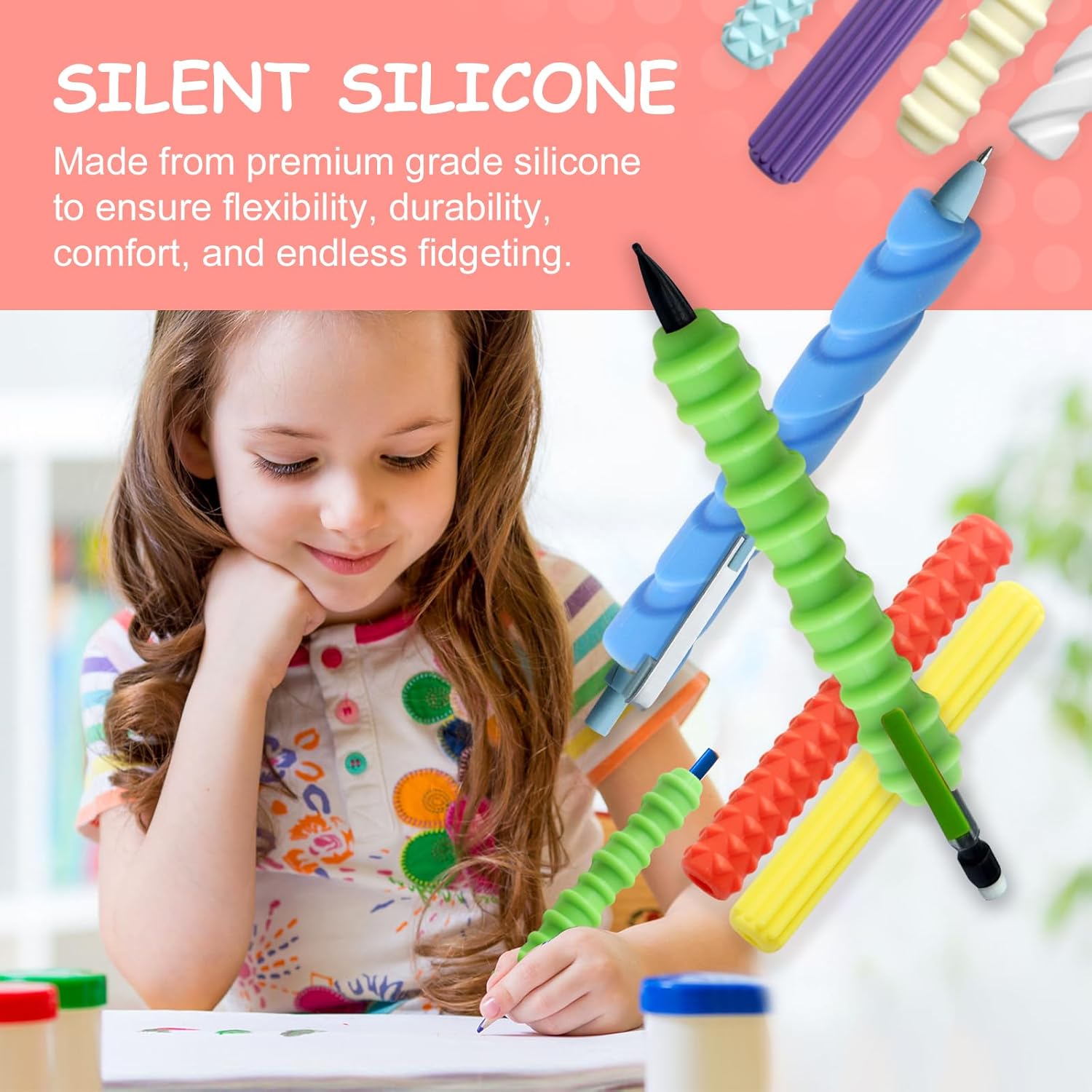 Pencil Grips, 4-Pack Textured Silicone Sleeves for Mechanical Pencils, Sensory Fidget ADHD Tool for Kids and Adults, Quiet Fidget Tools for Classroom Focus, Anxiety Relief (8 Set)