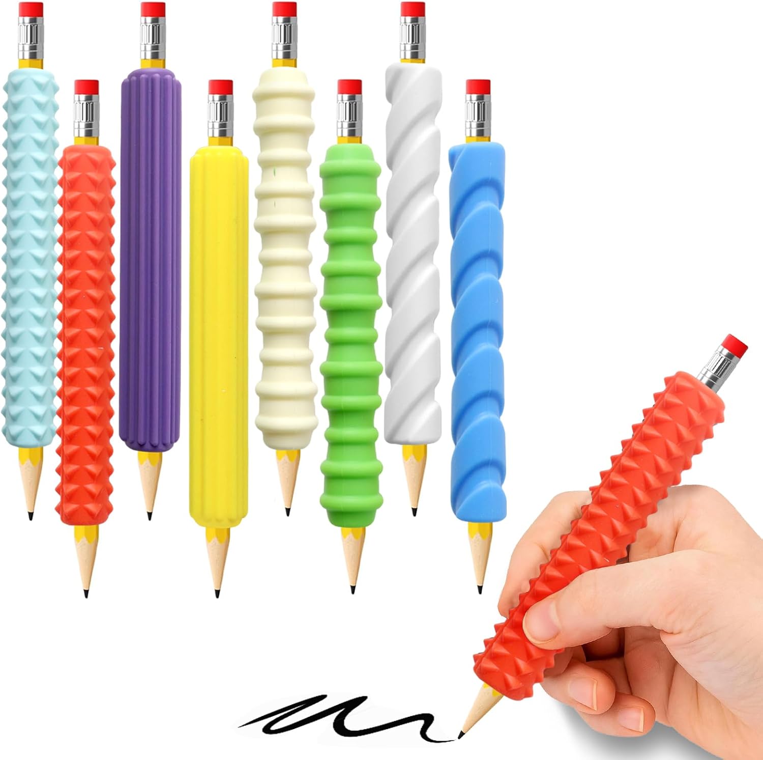 Pencil Grips, 4-Pack Textured Silicone Sleeves for Mechanical Pencils, Sensory Fidget ADHD Tool for Kids and Adults, Quiet Fidget Tools for Classroom Focus, Anxiety Relief (8 Set)