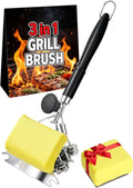 Magnetic 3-in-1 Grill Brush with Power Press Handle & Lock - 18" Detachable BBQ Cleaner for Heavy Duty Grime, Bristle-Safe Sponges, Ideal BBQ Gift for Men/Dad - Black
