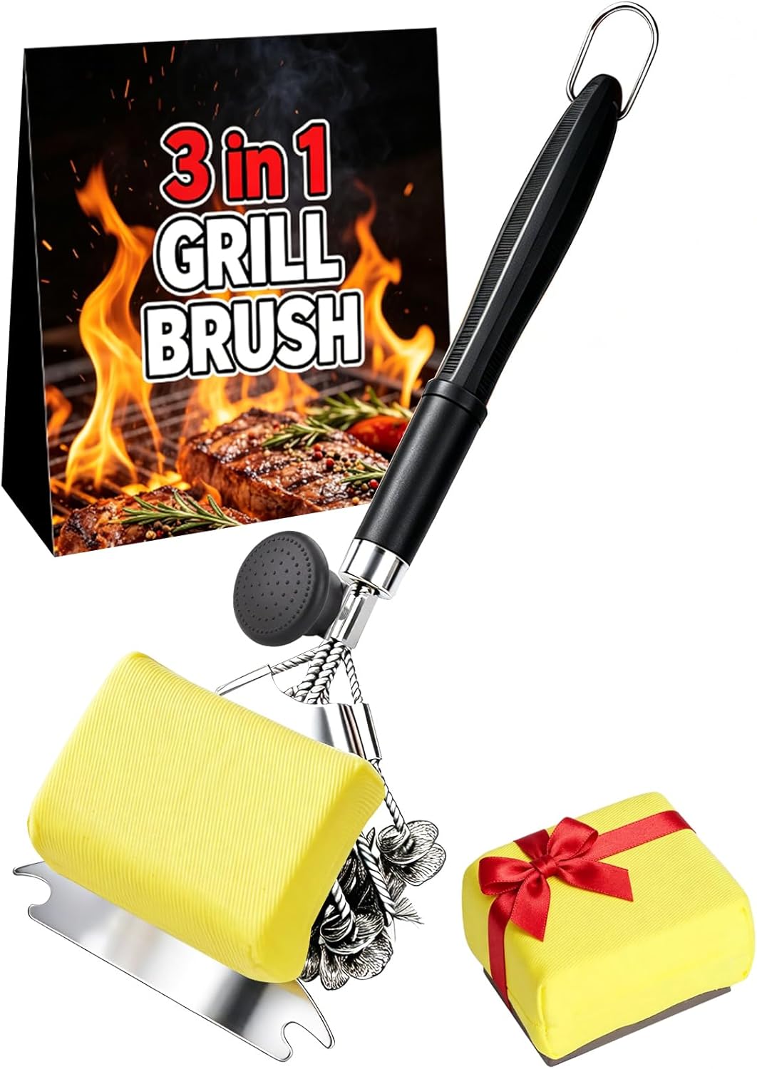 Magnetic 3-in-1 Grill Brush with Power Press Handle & Lock - 18" Detachable BBQ Cleaner for Heavy Duty Grime, Bristle-Safe Sponges, Ideal BBQ Gift for Men/Dad - Black