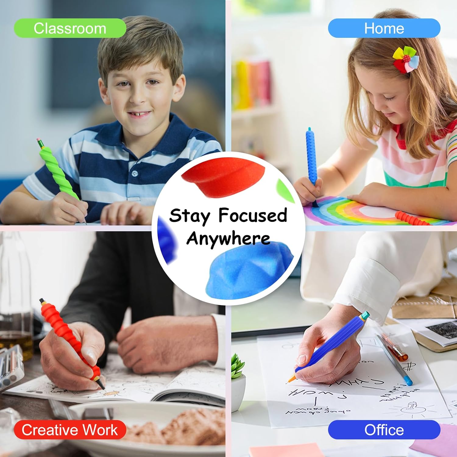 Pencil Grips, 4-Pack Textured Silicone Sleeves for Mechanical Pencils, Sensory Fidget ADHD Tool for Kids and Adults, Quiet Fidget Tools for Classroom Focus, Anxiety Relief (Colorful)