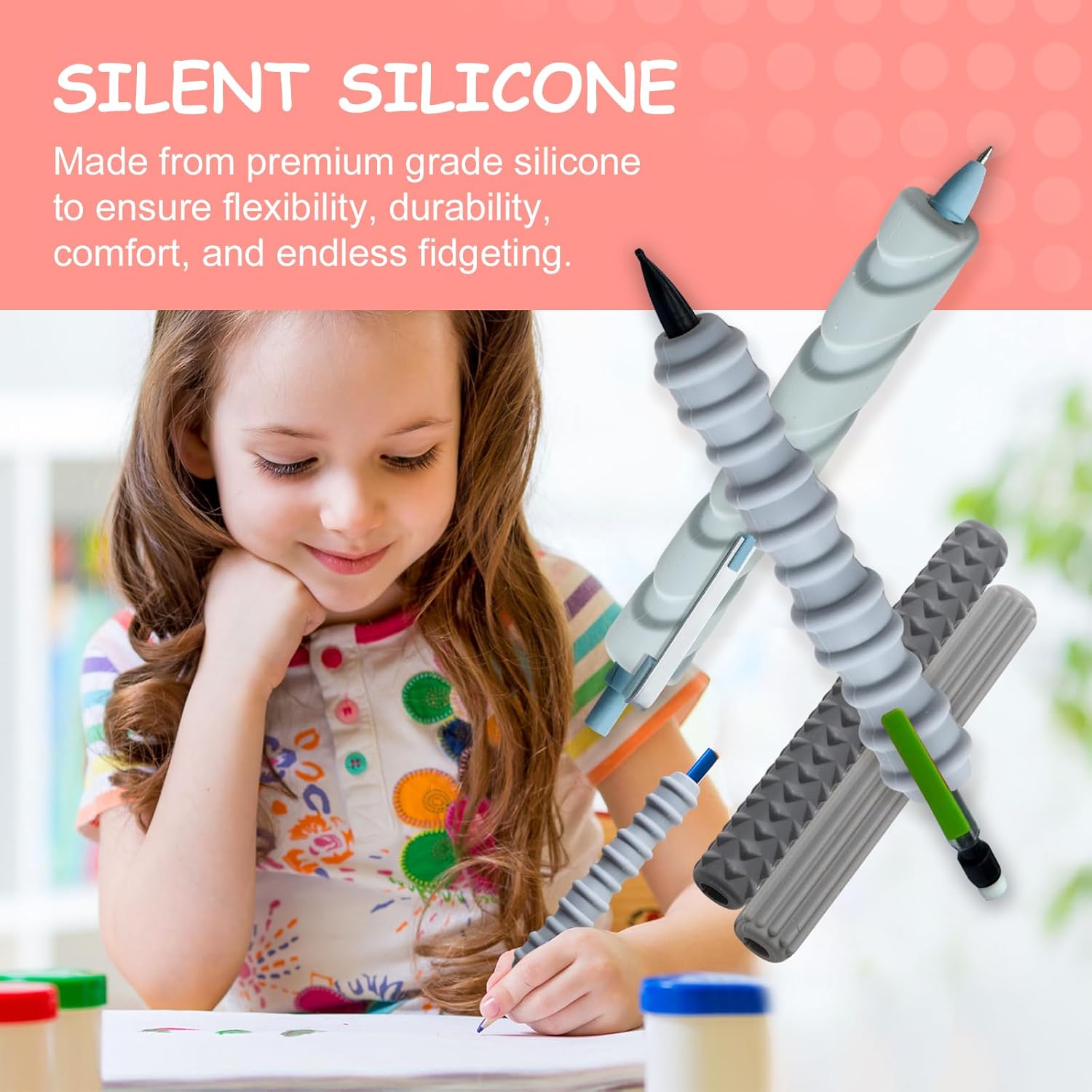Pencil Grips, 4-Pack Textured Silicone Sleeves for Mechanical Pencils, Sensory Fidget ADHD Tool for Kids and Adults, Quiet Fidget Tools for Classroom Focus, Anxiety Relief（Black&Grey Set）
