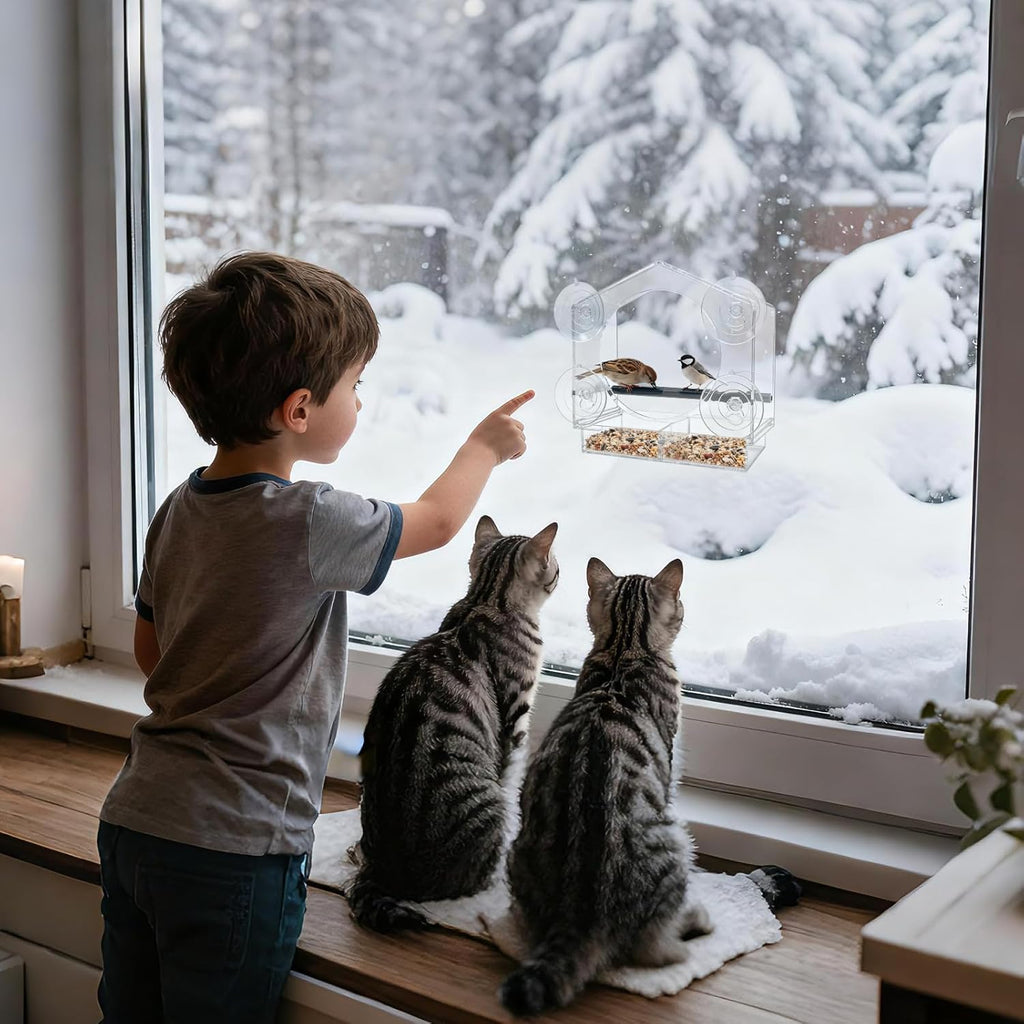 Clear Window Bird Feeder for Outside - Strongest Suction Cups 360° View Acrylic Design, Easy Fill & Clean Removable Tray-Perfect Christmasfor Gifts Bird Lovers, Kids, Grandparents,Cat Owners
