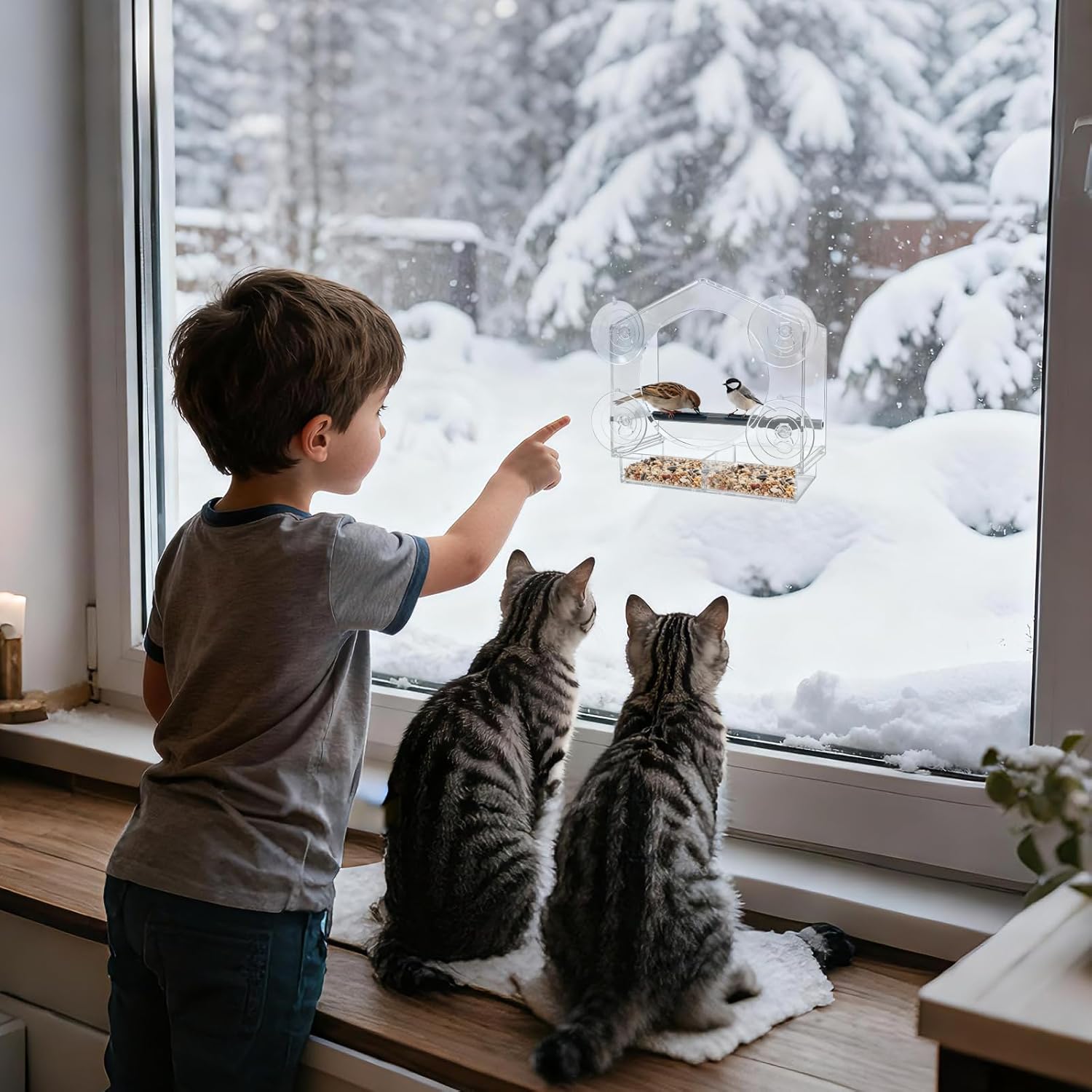Clear Window Bird Feeder for Outside - Strongest Suction Cups 360° View Acrylic Design, Easy Fill & Clean Removable Tray-Perfect Christmasfor Gifts Bird Lovers, Kids, Grandparents,Cat Owners