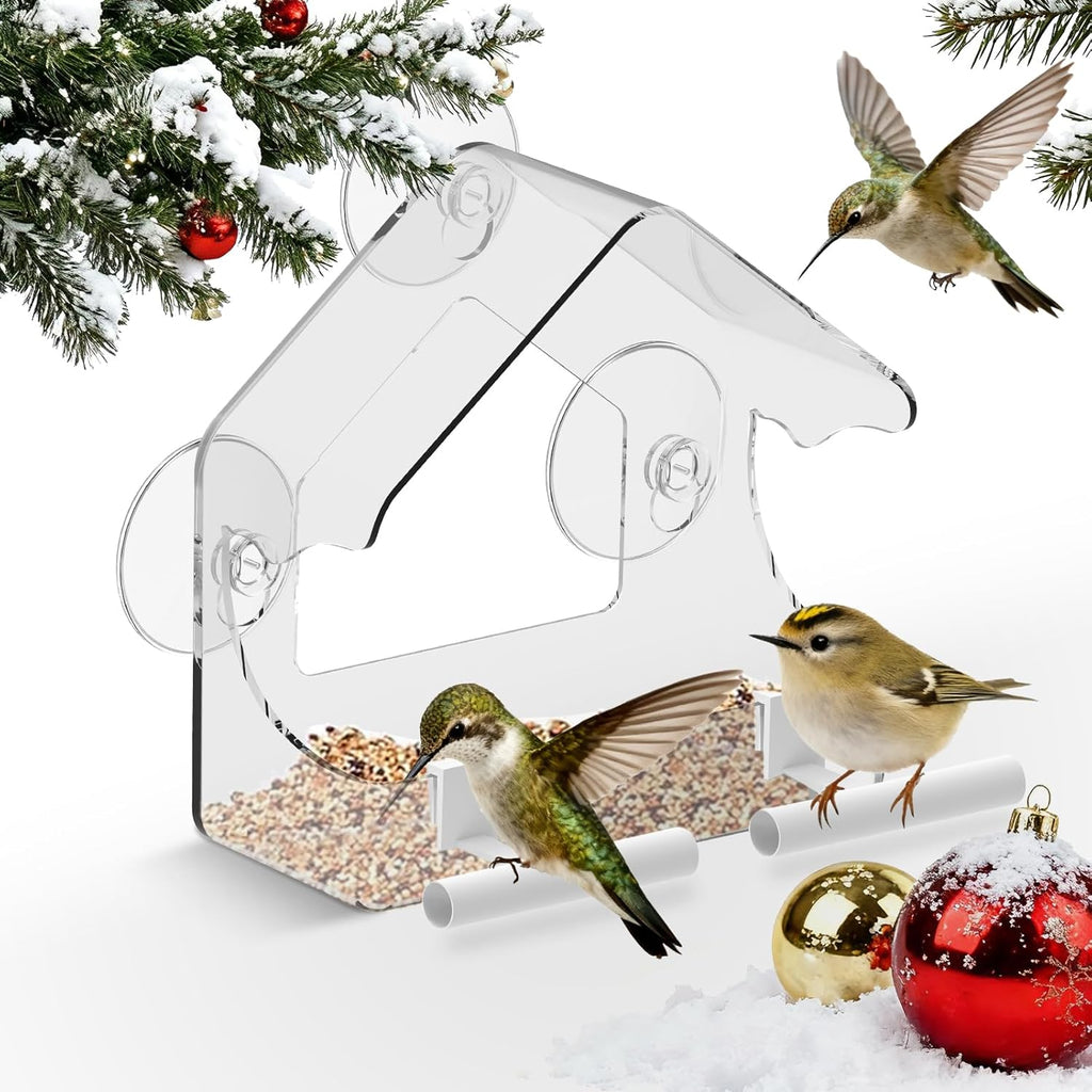 Clear Window Bird Feeder for Outside - Strongest Suction Cups 360° View Acrylic Design, Easy Fill & Clean Removable Tray-Perfect Christmasfor Gifts Bird Lovers, Kids, Grandparents,Cat Owners