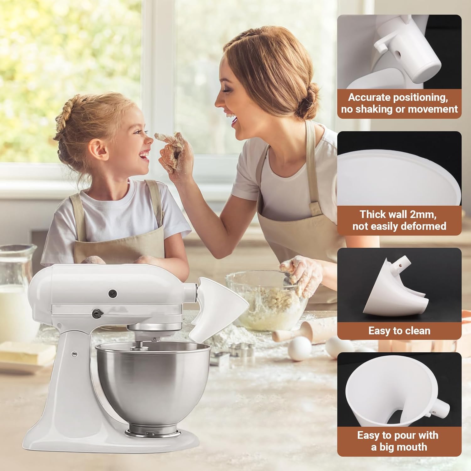Flour Funnel for Kitchen Aid Mixer, 2pc Plastic Flour Funnel Attachment for KitchenAid Stand Mixer, for 4.5–5qt Tilt-Head Models, Suitable for Flour, Sugar, and Egg Liquid