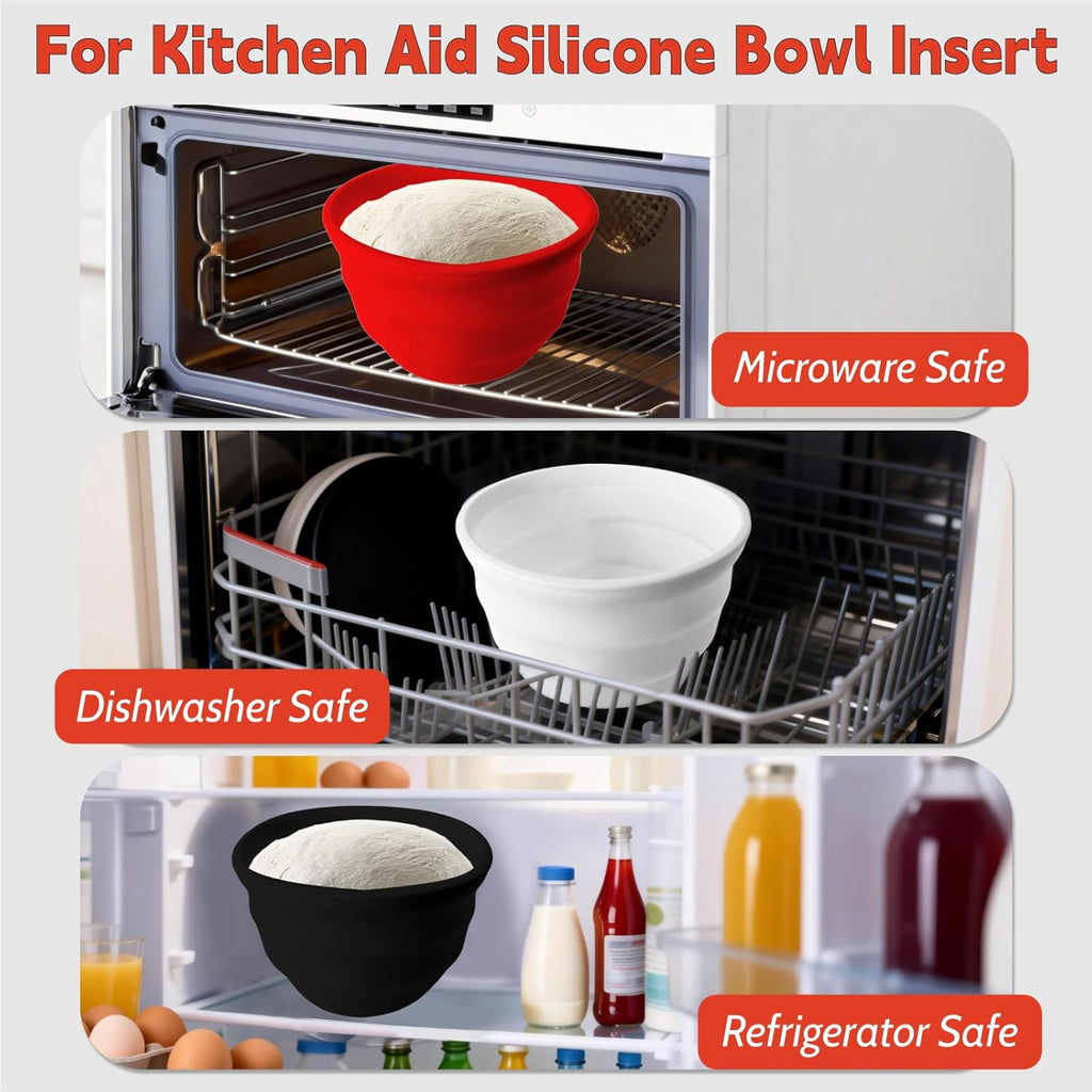 Silicone Bowl Liners for KitchenAid 5 Qt Stand Mixer, Foldable, Thick, Suitable for Both Hot and Cold Use, Easy to Clean for Cooking, 3 Silicone Mixing Bowl Insert with 3 Lids(Black White Red)