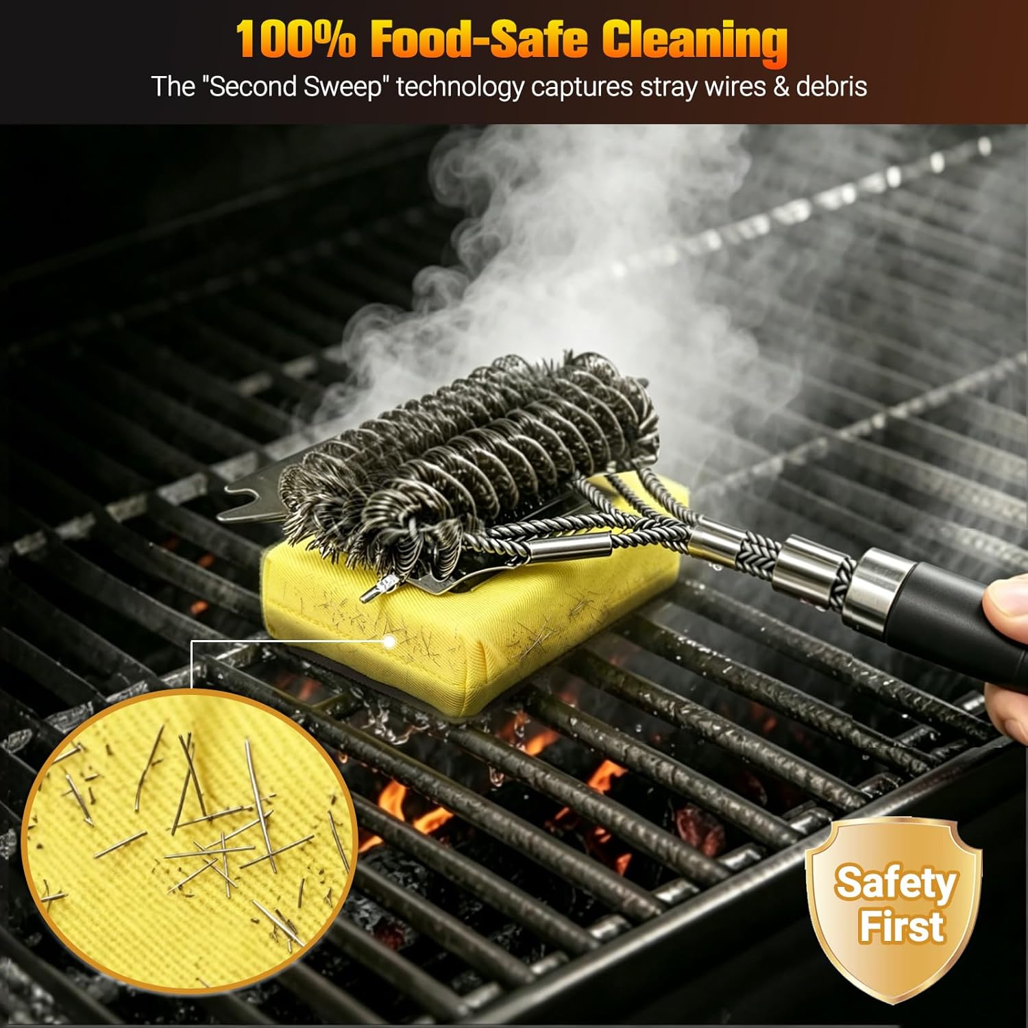 Professional 3-in-1 Grill Brush and Scraper with Safety Second Sweep Sponges - 18" Detachable Long Handle BBQ Cleaner for Heavy Duty Grime - Ideal Father's Day Grilling Gift for Men (Black)