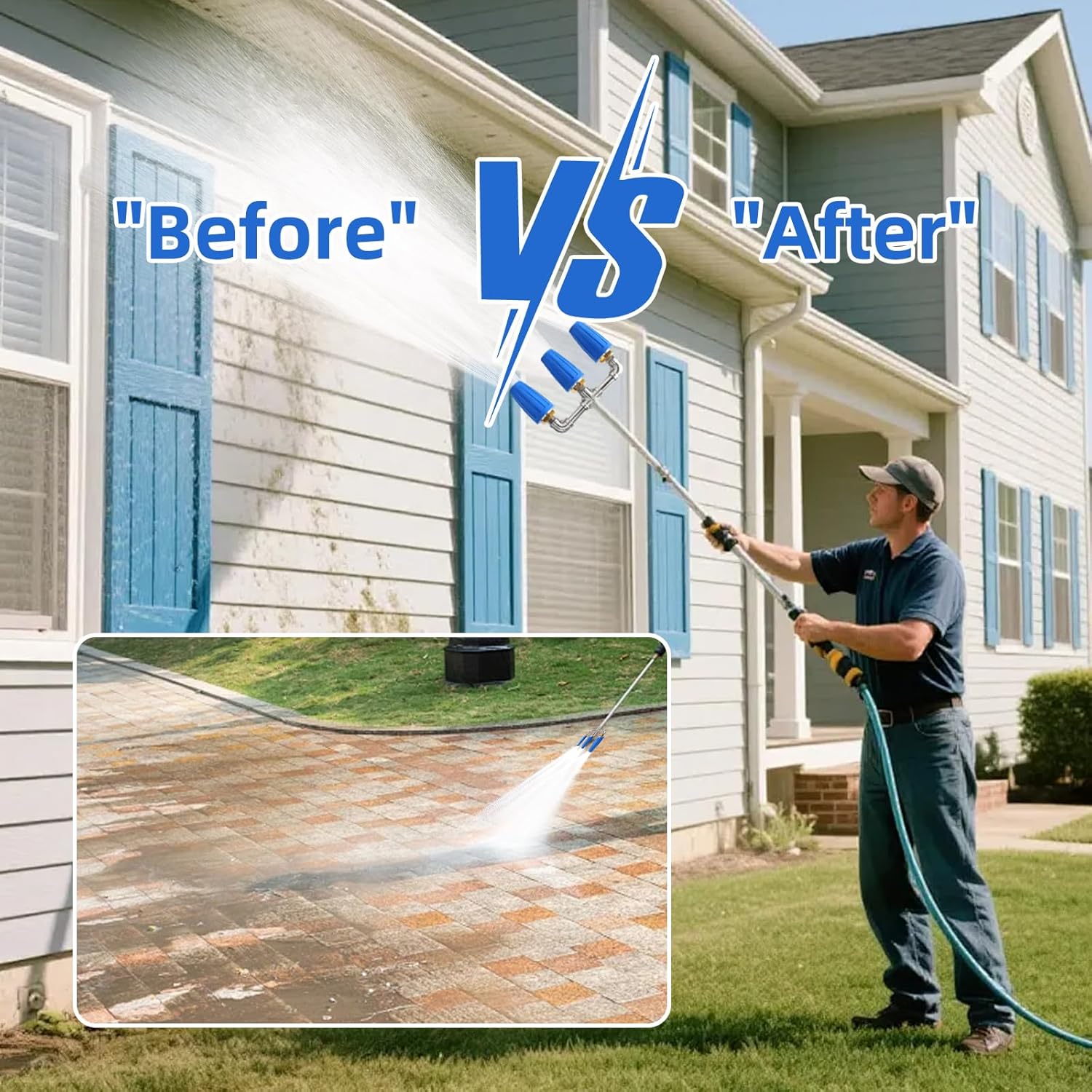 Triple Turbo Nozzle Pressure Washer, 3-in-1 Pressure Washer Nozzle, 360° Rotating 4000 PSI Turbo Nozzle with 1/4" Quick Connector 2.5 Orifice, 304 Stainless Steel for Driveway/Deck Clean(Blue)
