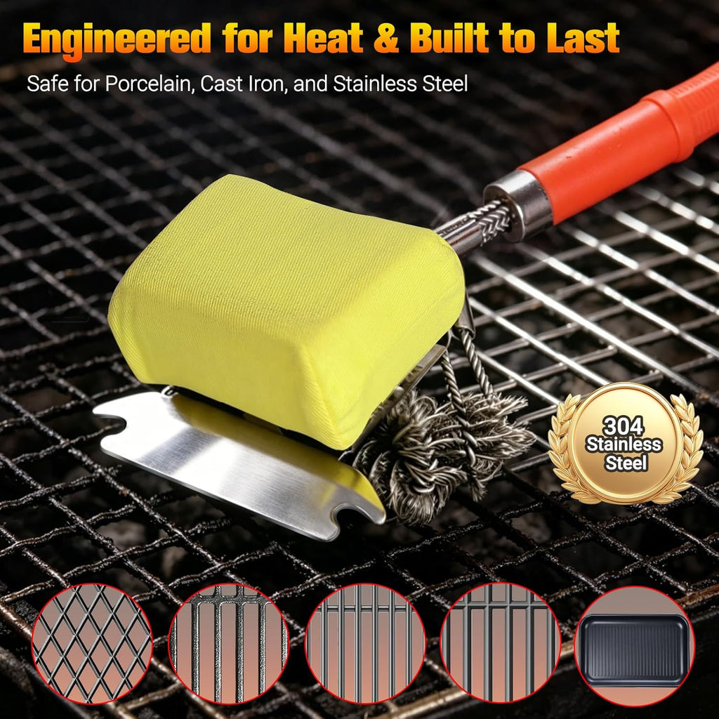 Magnetic 3-in-1 Grill Brush with Power Press Handle & Lock - 18" Detachable BBQ Cleaner for Heavy Duty Grime, Bristle-Safe Sponges, Ideal BBQ Gift for Men/Dad - Orange