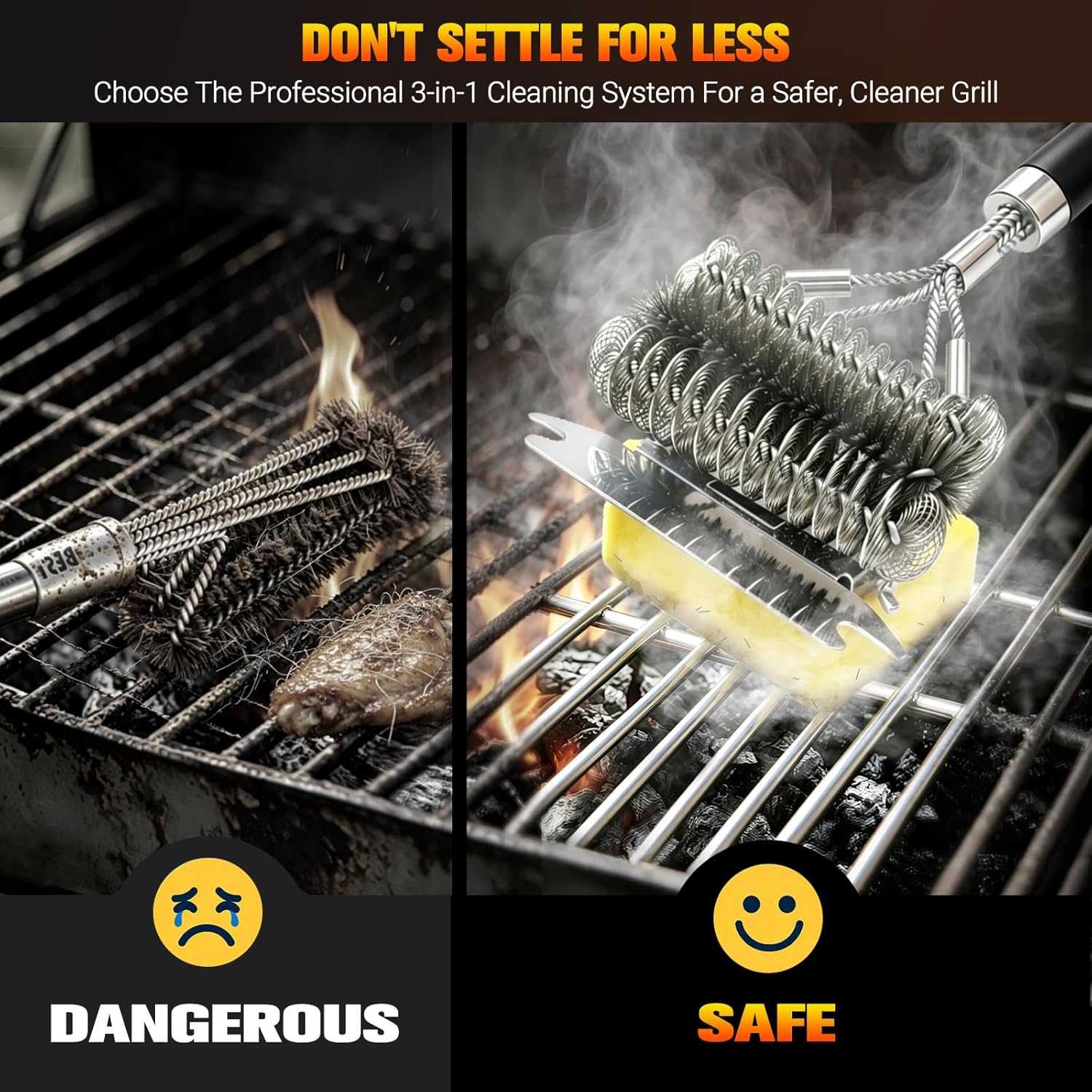 Magnetic 3-in-1 Grill Brush with Power Press Handle & Lock - 18" Detachable BBQ Cleaner for Heavy Duty Grime, Bristle-Safe Sponges, Ideal BBQ Gift for Men/Dad - Black