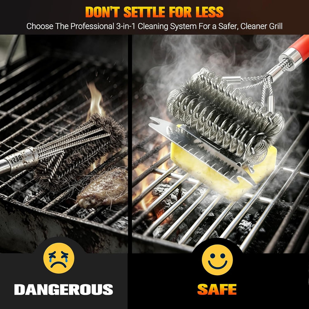 Professional 3-in-1 Grill Brush and Scraper with Collapsible Waterproof Bucket - 18" Detachable Long Handle BBQ Cleaner - Includes Safety Second Sweep Sponges - Complete Grilling Tool Set Gift for Men
