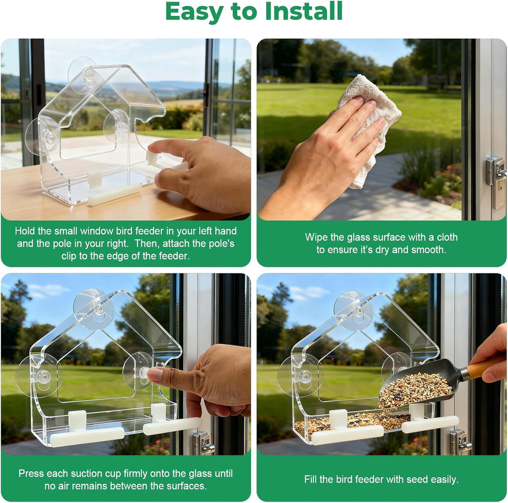 Clear Window Bird Feeder for Outside - Strongest Suction Cups 360° View Acrylic Design, Easy Fill & Clean Removable Tray-Perfect Christmasfor Gifts Bird Lovers, Kids, Grandparents,Cat Owners