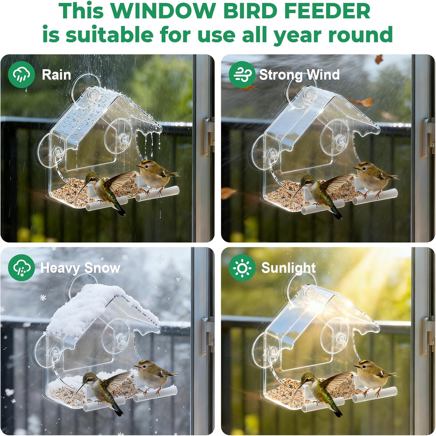 Clear Window Bird Feeder for Outside - Strongest Suction Cups 360° View Acrylic Design, Easy Fill & Clean Removable Tray-Perfect Christmasfor Gifts Bird Lovers, Kids, Grandparents,Cat Owners
