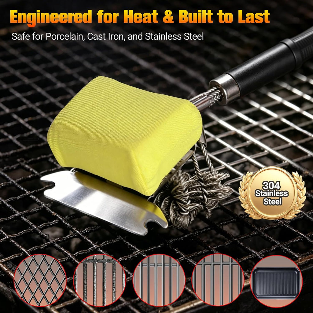 Magnetic 3-in-1 Grill Brush with Power Press Handle & Lock - 18" Detachable BBQ Cleaner for Heavy Duty Grime, Bristle-Safe Sponges, Ideal BBQ Gift for Men/Dad - Black