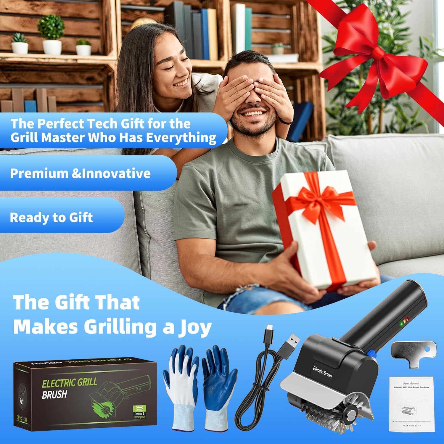 Electric Grill Brush with Dual Safety Lock - 2026 TikTok Ideal Gift for Men Dad Husband, Professional BBQ Cleaner with Submersible 304 SS Head, Splash-Proof Scrubber for Grill (Blue Button)