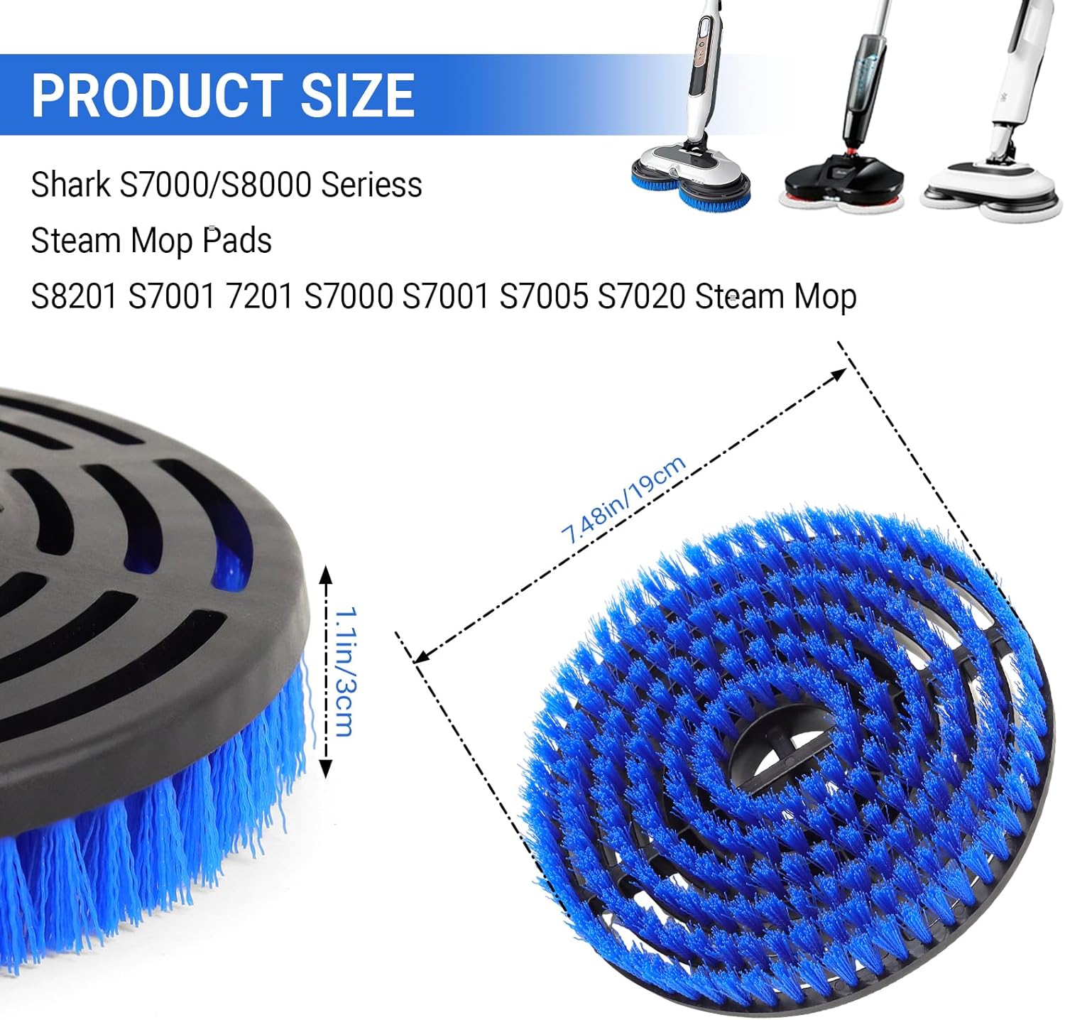 Brush for Shark Steam Mop, Upgraded Steam Mop Replacement Brush Heads for Shark Steam and Scrub Mop S7000/S7001/S8021/S8001 for Deep Clean Kitchens and Bathrooms (2 Blue Brush and 2 White Pads)
