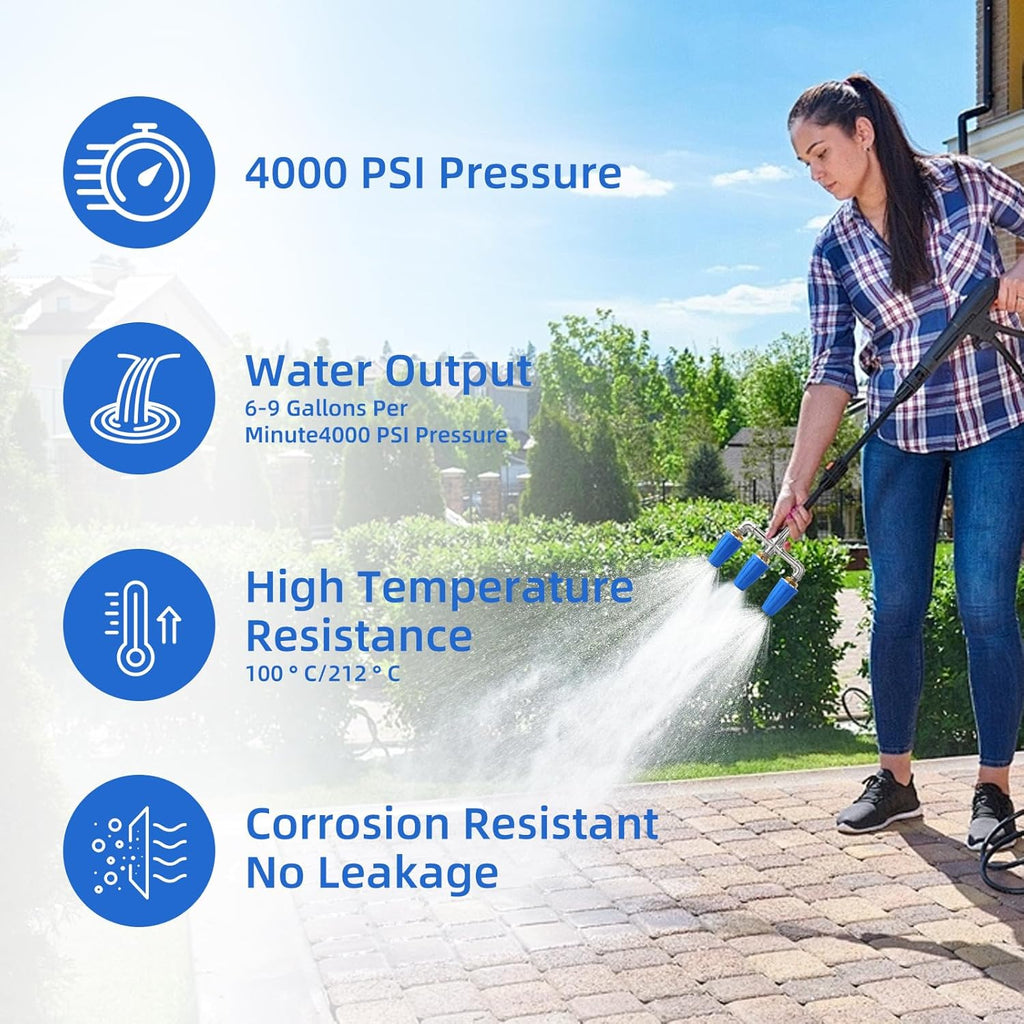 Triple Turbo Nozzle Pressure Washer, 3-in-1 Pressure Washer Nozzle, 360° Rotating 4000 PSI Turbo Nozzle with 1/4" Quick Connector 2.5 Orifice, 304 Stainless Steel for Driveway/Deck Clean(Blue)