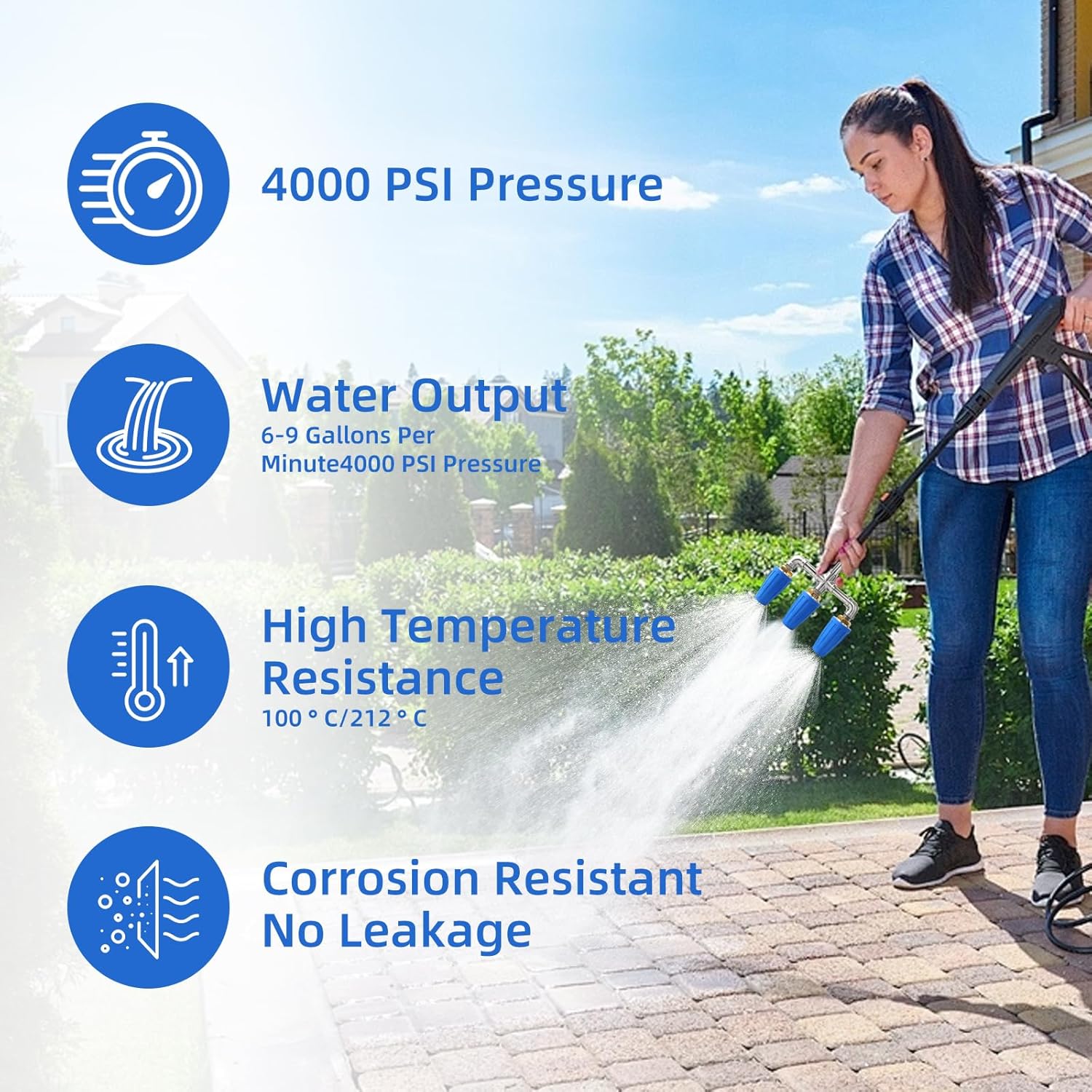 Triple Turbo Nozzle Pressure Washer, 3-in-1 Pressure Washer Nozzle, 360° Rotating 4000 PSI Turbo Nozzle with 1/4" Quick Connector 2.5 Orifice, 304 Stainless Steel for Driveway/Deck Clean(Blue)