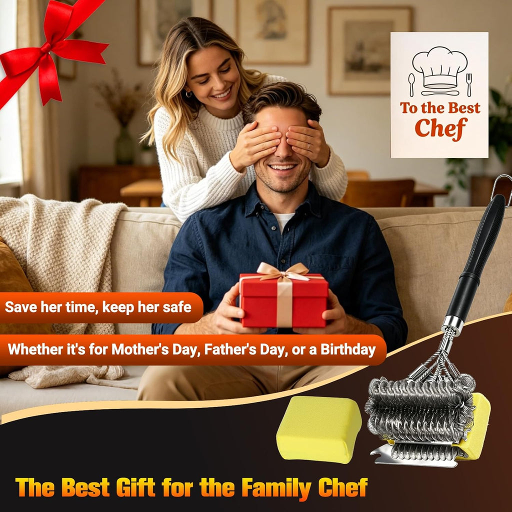 Magnetic 3-in-1 Grill Brush with Power Press Handle & Lock - 18" Detachable BBQ Cleaner for Heavy Duty Grime, Bristle-Safe Sponges, Ideal BBQ Gift for Men/Dad - Black